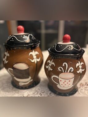 Casa Vero Coffee Theme Ceramic Canister Set Brown Kitchen Jars w Lids